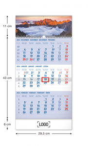 Nástenný kalendár 3-mesačný Tatry modrý – so slovenskými menami 2024, 29,5 × 43 cm